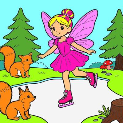 Colored version: Ice fairy skating with squirrels