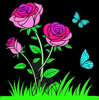 Ingekleurde versie: Rozenbloemen met vlinders