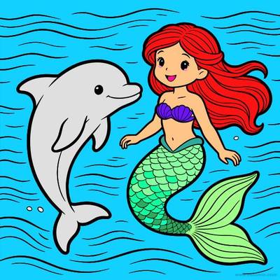 Ausgemalte Version: Delfin und Meerjungfrau unter Wasser