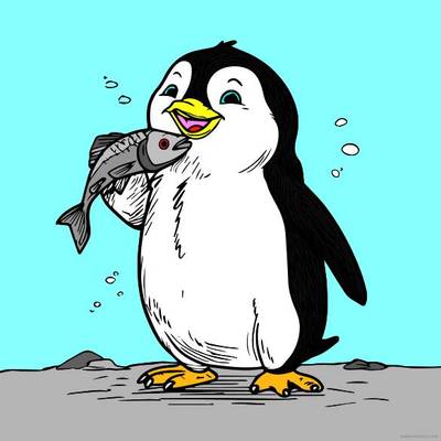 Ausgemalte Version: Fröhlicher Pinguin mit Fisch