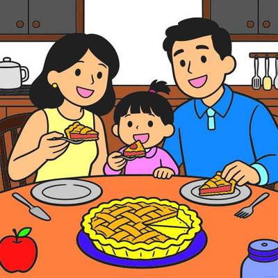 Ausgemalte Version: Familie teilt Apfelkuchen