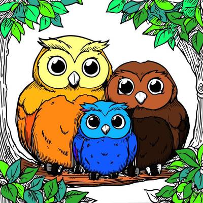Versão colorida: Cena da família de corujas
