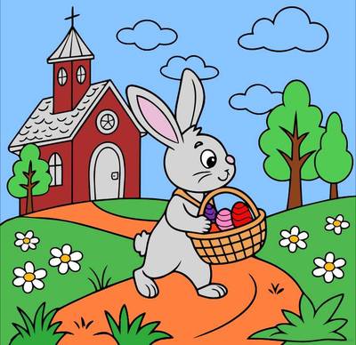 Versão colorida: Coelho da Páscoa com cesta de ovos