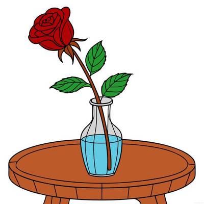 Version coloriée : Rose penchée dans un vase en verre
