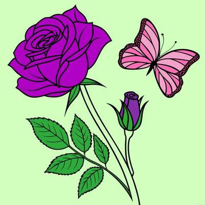 Version coloriée : Rose avec papillon et bouton de rose