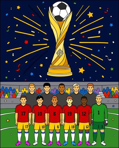 Ausgemalte Version: Fußball WM Mannschaft mit großem Pokal