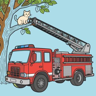Version coloriée : Camion de pompiers sauvant un chat