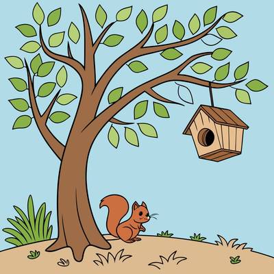 Ausgemalte Version: Baum mit Eichhörnchen und Vogelhaus