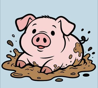 Version coloriée : Cochon dans la boue, vue de face