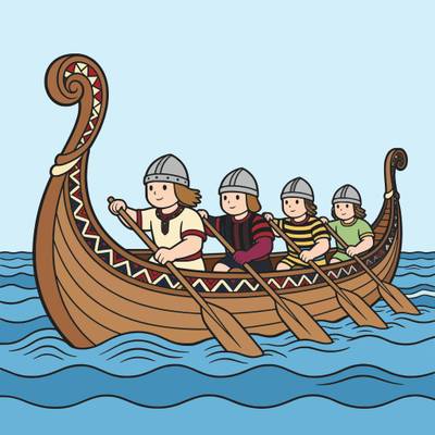 Version coloriée : Drakkar viking avec quatre rameurs