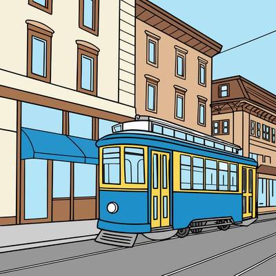 Version coloriée : Tramway urbain devant des boutiques