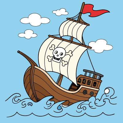 Version coloriée : Bateau pirate sur une mer agitée