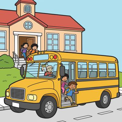 Colored version: School bus arriving as kids run out