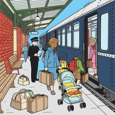 Version coloriée : Gare détaillée avec passagers et train