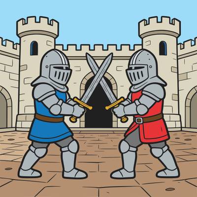 Ausgemalte Version: Zwei Ritter trainieren im Burghof