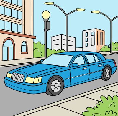 Version coloriée : Limousine simple dans une rue en ville