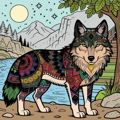 Version coloriée : Loup zentangle en paysage de montagne