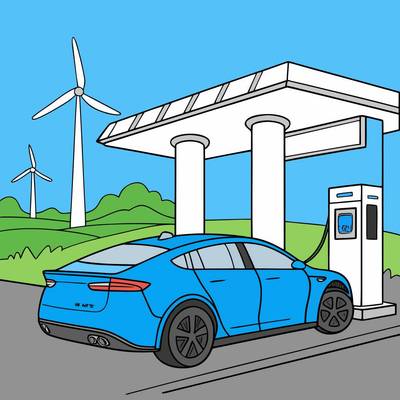 Version coloriée : Voiture électrique à la station de recharge
