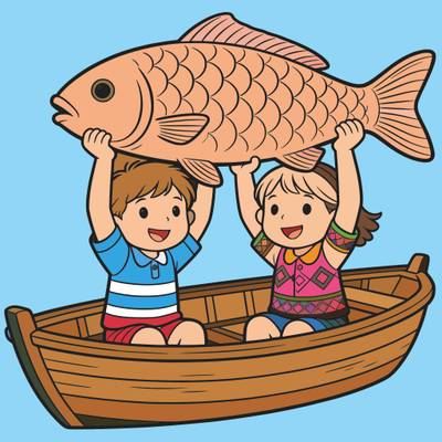 Colored version: Kids in a boat with a giant fish