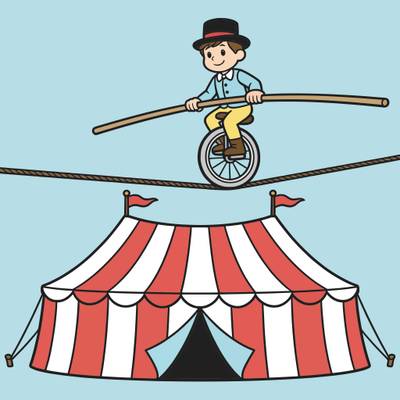 Colored version: Cartoon unicyclist above a circus tent
