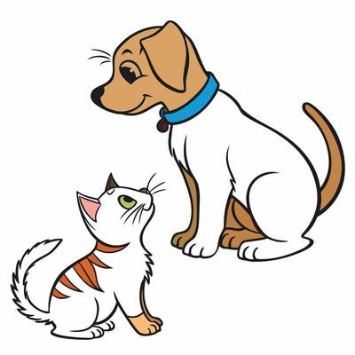 Ausgemalte Version: Cartoon-Katze und Hund schauen nach oben