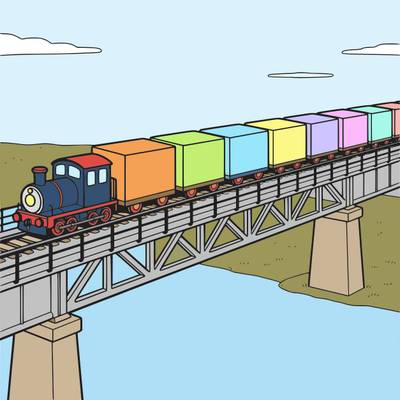 Version coloriée : Long train de marchandises sur un pont