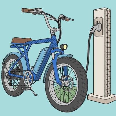 Colored version: Detailed e-bike at charging station