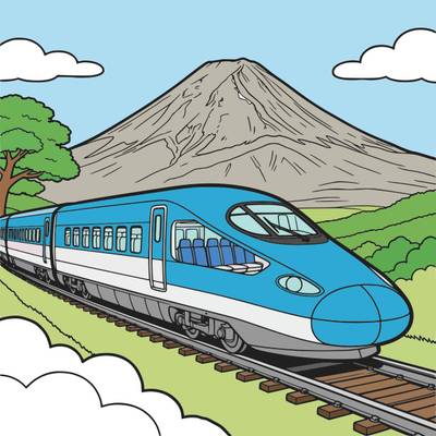 Version coloriée : Train à grande vitesse devant le mont Fuji