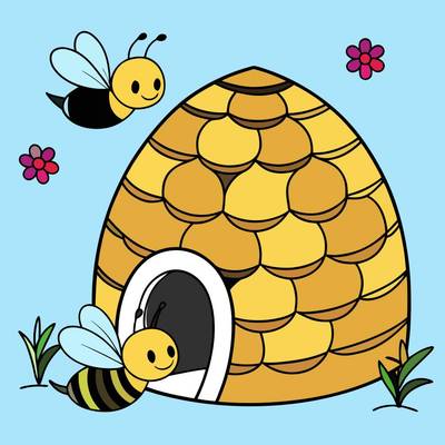Ausgemalte Version: Bienenstock mit zwei Bienen