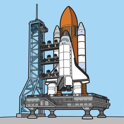 Ausgemalte Version: Rakete auf der Startrampe mit Astronauten