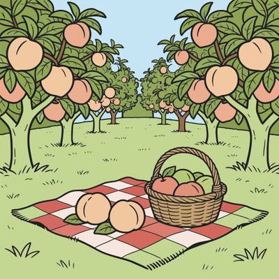 Ausgemalte Version: Picknick im Pfirsichgarten mit Korb