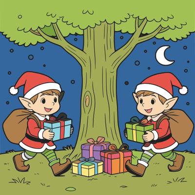 Ausgemalte Version: Zwei Elfen bringen nachts Geschenke zum Baum