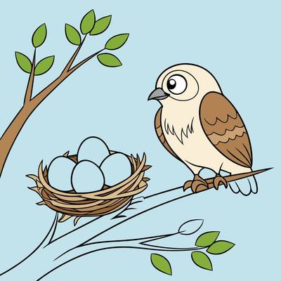 Version coloriée : Chouette avec des œufs dans un nid