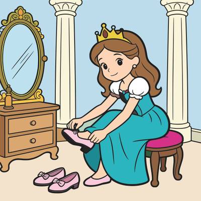 Colored version: Cute princess trying on shoes