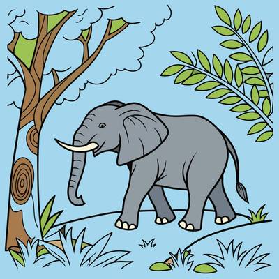 Colored version: Simple elephant in a jungle scene