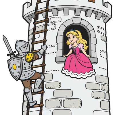 Ausgemalte Version: Ritter rettet Prinzessin im Turm