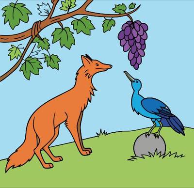 Version coloriée : Renard et cigogne sous une grappe