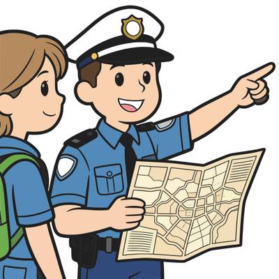 Ausgemalte Version: Polizist zeigt mit Stadtplan den Weg