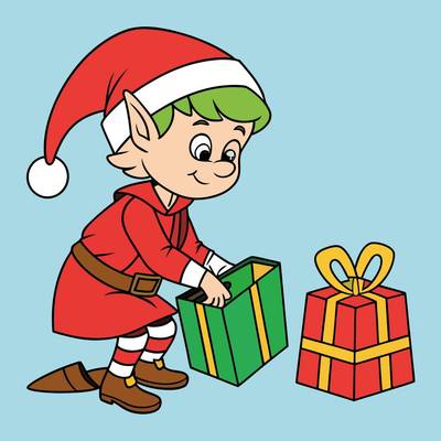 Ausgemalte Version: Weihnachtself verpackt Geschenke