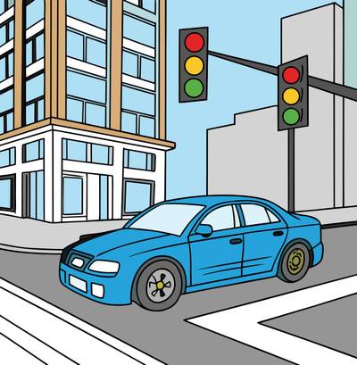 Ausgemalte Version: Auto in einer belebten Stadtstraße
