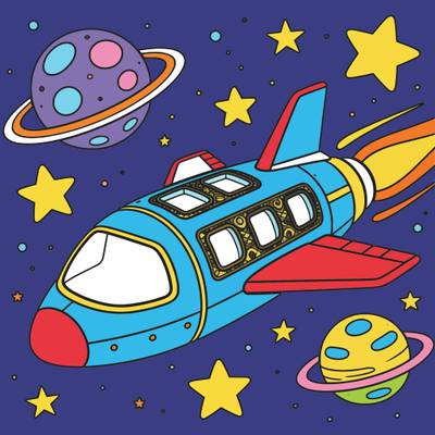 Ausgemalte Version: Detailliertes Raumschiff zwischen Sternen und Planeten