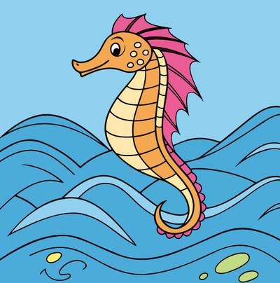 Version coloriée : Hippocampe dragon dans les vagues