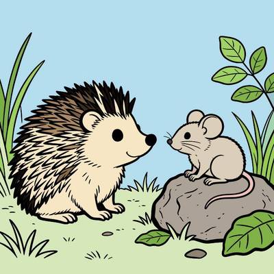 Colored version: Detailed hedgehog and mouse scene