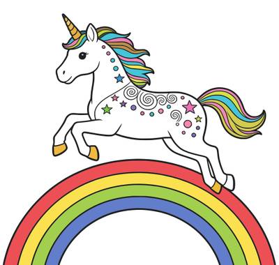 Colored version: Decorated unicorn leaping over a rainbow