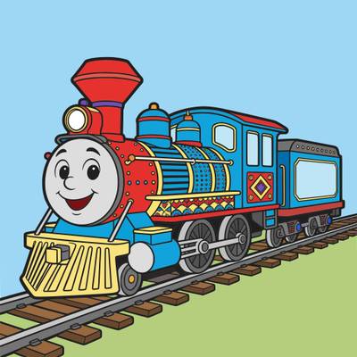 Version coloriée : Locomotive souriante sur des rails