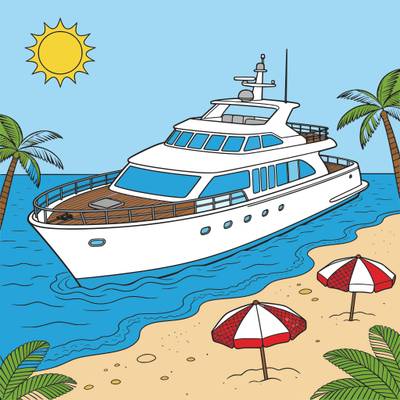 Ausgemalte Version: Detailreiche Yacht am sonnigen Strand