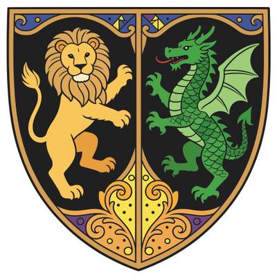Ausgemalte Version: Wappenschild mit Löwe und Drache