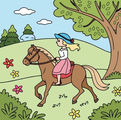 Colored version: Princess on horseback by a tree