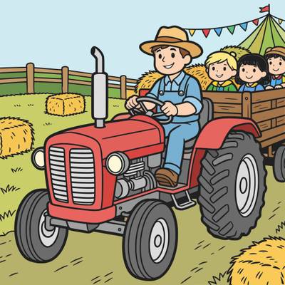 Version coloriée : Tracteur avec balade en foin et enfants