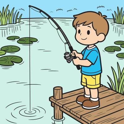 Colored version: Cute boy fishing from a lake dock